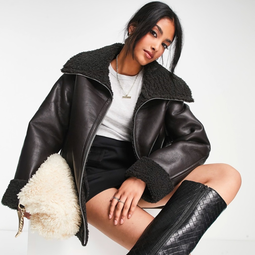 Faux Leather Sherpa-Trim Jacket - Black - Picture 4 of 8